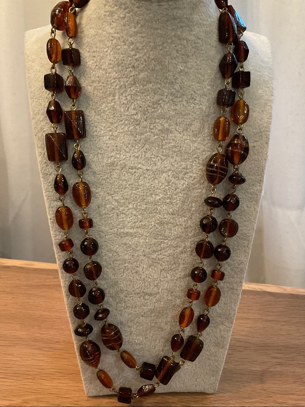 Vintage Art Deco Long Flapper Style Brown And Amber Glass Beaded Necklace